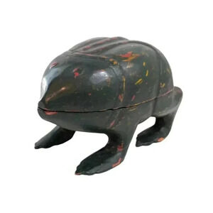 Vintage Carved Wood Green Frog Lidded Trinket Jewelry Box Candy Dish Folk Art
